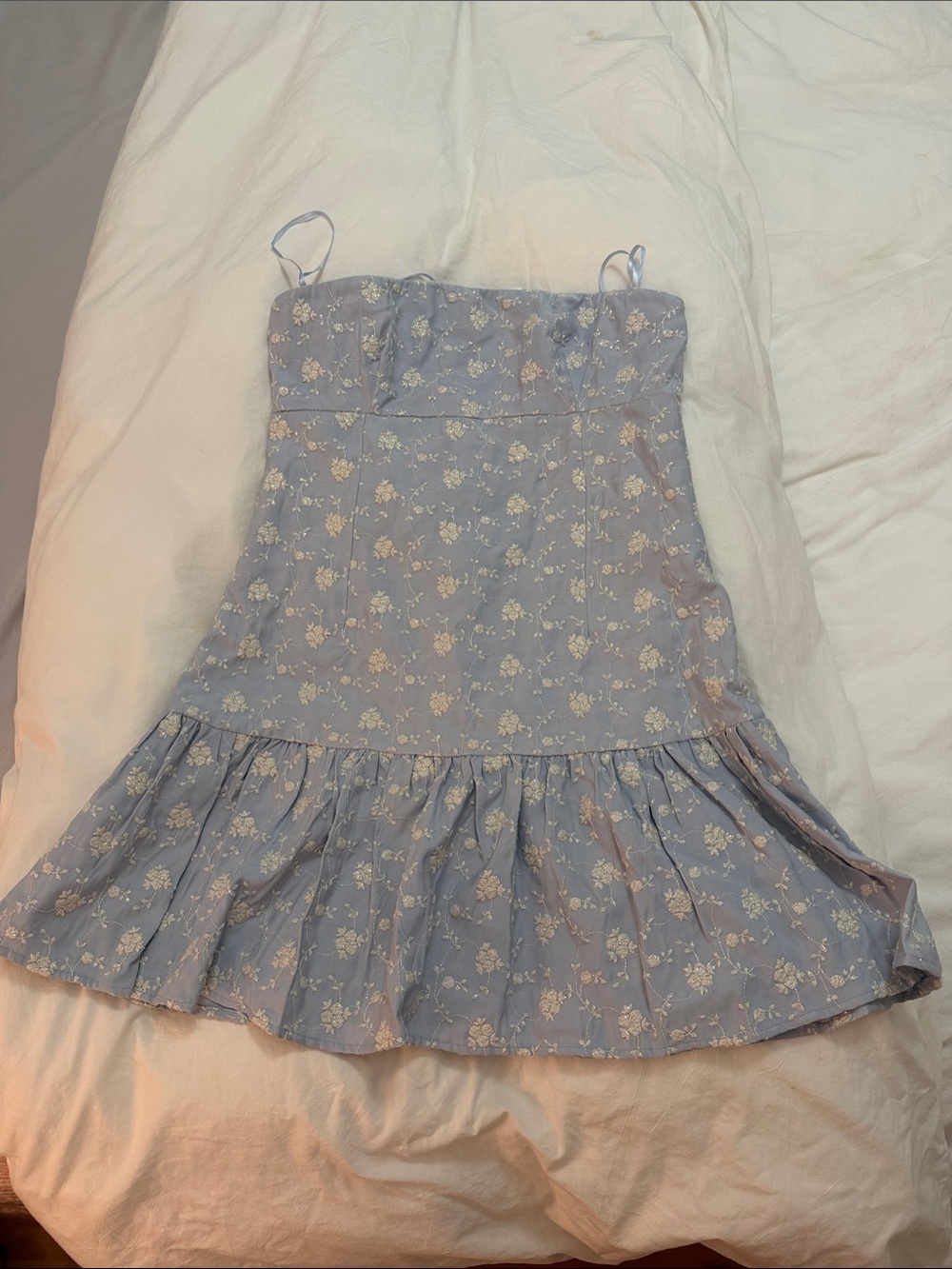 Light Blue Floral Ruffle Hem Dress